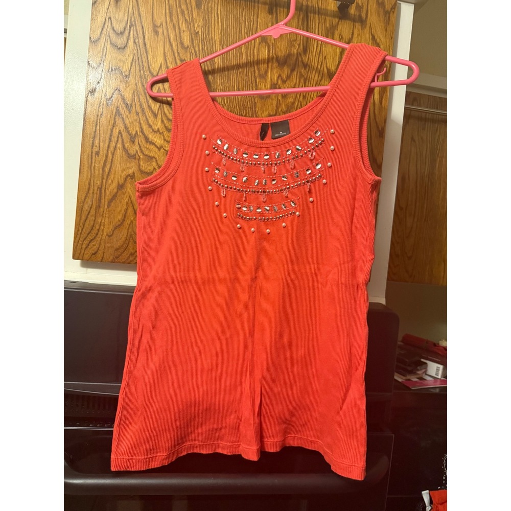New Directions Womens Embellished Ribbed Tank Top Coral Orange Sequin Pearl M